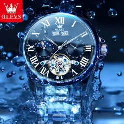 New Olevs Brand Men'S Business Stainless Steel Band Watch Moon Phase Double Calendar 24-Hour Indication Automatic Mechanical Watch Simple Leisure Sports Men'S Wristwatch