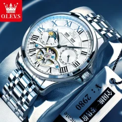 New Olevs Brand Men'S Business Stainless Steel Band Watch Moon Phase Double Calendar 24-Hour Indication Automatic Mechanical Watch Simple Leisure Sports Men'S Wristwatch