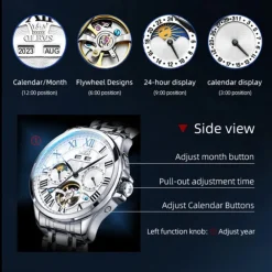 New Olevs Brand Men'S Business Stainless Steel Band Watch Moon Phase Double Calendar 24-Hour Indication Automatic Mechanical Watch Simple Leisure Sports Men'S Wristwatch