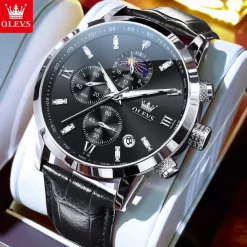 New Olevs Olevs Brand Hand Men'S Belt Business Watch Luminous Moon Phase Chronograph Calendar Multifunctional Sports Watch Simple Waterproof Leisure Men'S Wristwatch