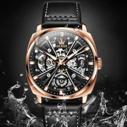 New Olevs Olevs Brand Men'S Watch Luminous Waterproof Skeleton Mechanical Watch Fashion Tonneau-Shaped Belt Men'S Sports Watch