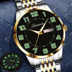 New Stainless Steel With Large Dial Fashion Men'S Business Watch Luminous Calendar Week Display Casual Trend Quartz Watch Brand Luxury Simple Versatile Men'S Sports Watch