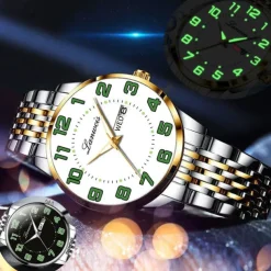 New Stainless Steel With Large Dial Fashion Men'S Business Watch Luminous Calendar Week Display Casual Trend Quartz Watch Brand Luxury Simple Versatile Men'S Sports Watch