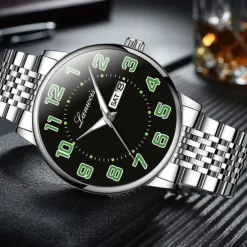 New Stainless Steel With Large Dial Fashion Men'S Business Watch Luminous Calendar Week Display Casual Trend Quartz Watch Brand Luxury Simple Versatile Men'S Sports Watch