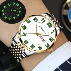 New Stainless Steel With Large Dial Fashion Men'S Business Watch Luminous Calendar Week Display Casual Trend Quartz Watch Brand Luxury Simple Versatile Men'S Sports Watch