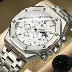 New Steel Belt Calendar Luminous Three-Eye Six-Hand Multifunction Moon Phase Multi-Function Men'S Business Watch Simple Waterproof Casual Sports Watch