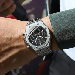 New Steel Belt Calendar Luminous Three-Eye Six-Hand Multifunction Moon Phase Multi-Function Men'S Business Watch Simple Waterproof Casual Sports Watch