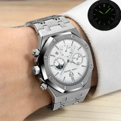 New Steel Belt Calendar Luminous Three-Eye Six-Hand Multifunction Moon Phase Multi-Function Men'S Business Watch Simple Waterproof Casual Sports Watch