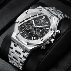 New Steel Belt Calendar Luminous Three-Eye Six-Hand Multifunction Moon Phase Multi-Function Men'S Business Watch Simple Waterproof Casual Sports Watch