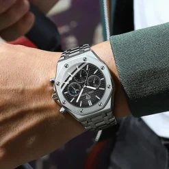 New Steel Belt Calendar Luminous Three-Eye Six-Hand Multifunction Moon Phase Multi-Function Men'S Business Watch Simple Waterproof Casual Sports Watch