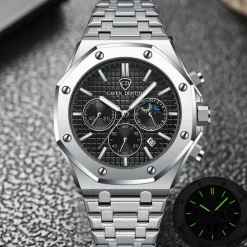 New Steel Belt Calendar Luminous Three-Eye Six-Hand Multifunction Moon Phase Multi-Function Men'S Business Watch Simple Waterproof Casual Sports Watch