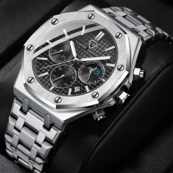 New Steel Belt Calendar Luminous Three-Eye Six-Hand Multifunction Moon Phase Multi-Function Men'S Business Watch Simple Waterproof Casual Sports Watch