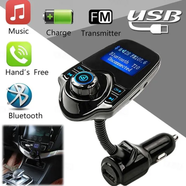 NEW T10 Hands-free Bluetooth Car Kit MP3 Music Player FM Transmitter 5V 2.1A USB Car Charger 1.44" LED Screen