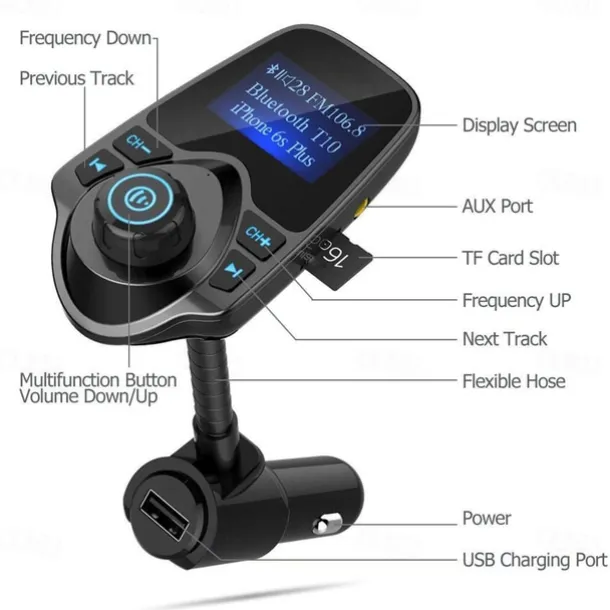 NEW T10 Hands-free Bluetooth Car Kit MP3 Music Player FM Transmitter 5V 2.1A USB Car Charger 1.44" LED Screen