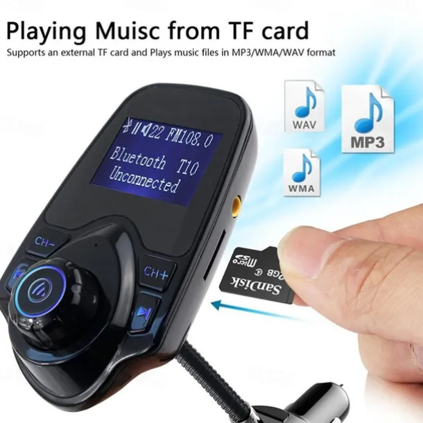 NEW T10 Hands-free Bluetooth Car Kit MP3 Music Player FM Transmitter 5V 2.1A USB Car Charger 1.44" LED Screen