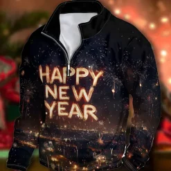 New Year Men's Graphic Happy New Year Hoodies Daily Casual Long Sleeve Stand Collar Vacation New Year Going out Black Print Winter Spring & Fall Designer