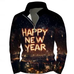 New Year Men's Graphic Happy New Year Hoodies Daily Casual Long Sleeve Stand Collar Vacation New Year Going out Black Print Winter Spring & Fall Designer