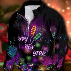 New Year Men's Graphic Happy New Year Hoodies Daily Casual Long Sleeve Stand Collar Vacation Going out Streetwear Black Print Spring & Fall Designer
