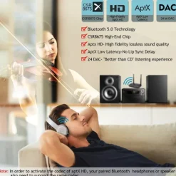 NFC 262ft/80m Long Range Bluetooth 5.0 Transmitter Receiver 3 in1 Music Audio Adapter Low Latency aptX HD Spdif RCA AUX 3.5mm TV