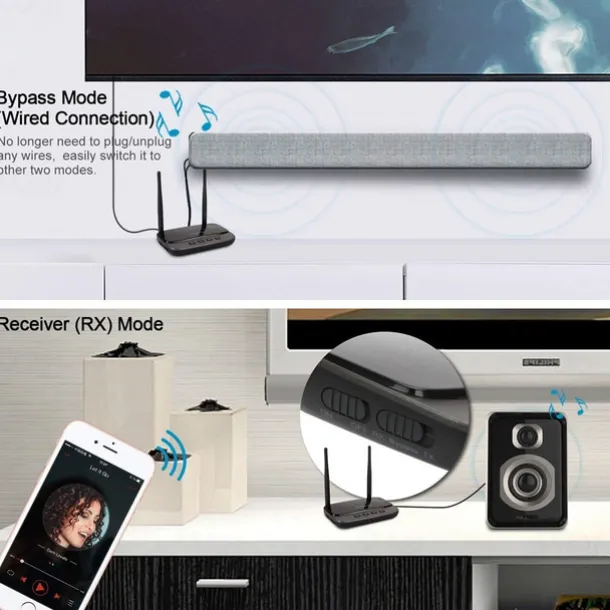 NFC 262ft/80m Long Range Bluetooth 5.0 Transmitter Receiver 3 in1 Music Audio Adapter Low Latency aptX HD Spdif RCA AUX 3.5mm TV