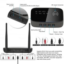NFC 262ft/80m Long Range Bluetooth 5.0 Transmitter Receiver 3 in1 Music Audio Adapter Low Latency aptX HD Spdif RCA AUX 3.5mm TV