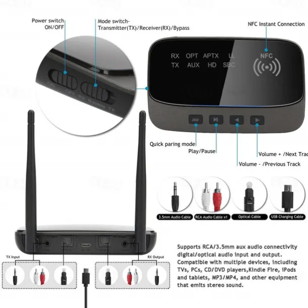 NFC 262ft/80m Long Range Bluetooth 5.0 Transmitter Receiver 3 in1 Music Audio Adapter Low Latency aptX HD Spdif RCA AUX 3.5mm TV