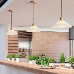 Nordic Style Wood Pendant Light with White Pleated Fabric Shade - Wooden Single Suspension Lamp Ceiling Hanging Lighting Fixture Kit, Chandeliers for Kitchen Island Dining Room 85-265V