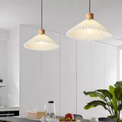 Nordic Style Wood Pendant Light with White Pleated Fabric Shade - Wooden Single Suspension Lamp Ceiling Hanging Lighting Fixture Kit, Chandeliers for Kitchen Island Dining Room 85-265V