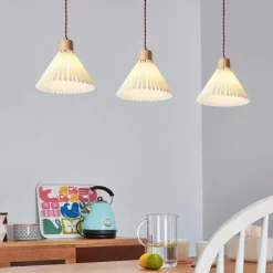 Nordic Style Wood Pendant Light with White Pleated Fabric Shade - Wooden Single Suspension Lamp Ceiling Hanging Lighting Fixture Kit, Chandeliers for Kitchen Island Dining Room 85-265V