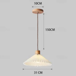 Nordic Style Wood Pendant Light with White Pleated Fabric Shade - Wooden Single Suspension Lamp Ceiling Hanging Lighting Fixture Kit, Chandeliers for Kitchen Island Dining Room 85-265V