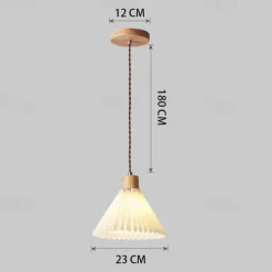 Nordic Style Wood Pendant Light with White Pleated Fabric Shade - Wooden Single Suspension Lamp Ceiling Hanging Lighting Fixture Kit, Chandeliers for Kitchen Island Dining Room 85-265V