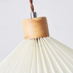Nordic Style Wood Pendant Light with White Pleated Fabric Shade - Wooden Single Suspension Lamp Ceiling Hanging Lighting Fixture Kit, Chandeliers for Kitchen Island Dining Room 85-265V
