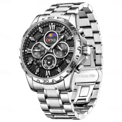 OFNS Men Quartz Watch Sports Fashion Casual Wristwatch Moon phase Luminous Chronograph Waterproof Steel Watch