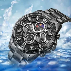 OFNS Men Quartz Watch Sports Fashion Casual Wristwatch Moon phase Luminous Chronograph Waterproof Steel Watch