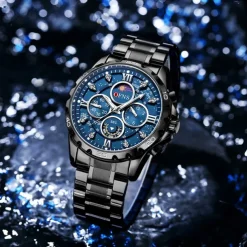 OFNS Men Quartz Watch Sports Fashion Casual Wristwatch Moon phase Luminous Chronograph Waterproof Steel Watch