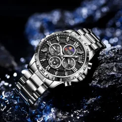 OFNS Men Quartz Watch Sports Fashion Casual Wristwatch Moon phase Luminous Chronograph Waterproof Steel Watch