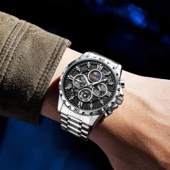 OFNS Men Quartz Watch Sports Fashion Casual Wristwatch Moon phase Luminous Chronograph Waterproof Steel Watch