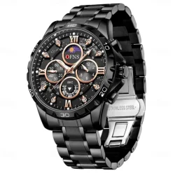 OFNS Men Quartz Watch Sports Fashion Casual Wristwatch Moon phase Luminous Chronograph Waterproof Steel Watch