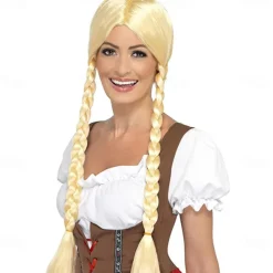 Oktoberfest Beer Cosplay Wigs Smiffys Women's Long Blonde Wig with Braids/Pigtail Braid Bavarian Beauty Wig