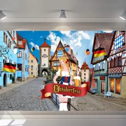Oktoberfest Festival Decorations 5.90 x 2.95 ft Extra Large Bavarian Street Scenery Backdrop Banner Background Photo Booth with Rope Germany Beer Party Game Supplies