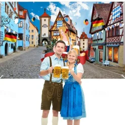 Oktoberfest Festival Decorations 5.90 x 2.95 ft Extra Large Bavarian Street Scenery Backdrop Banner Background Photo Booth with Rope Germany Beer Party Game Supplies