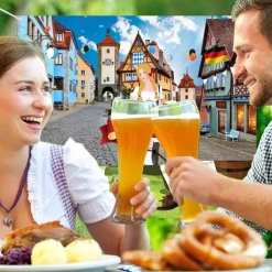 Oktoberfest Festival Decorations 5.90 x 2.95 ft Extra Large Bavarian Street Scenery Backdrop Banner Background Photo Booth with Rope Germany Beer Party Game Supplies