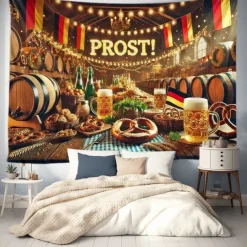 Oktoberfest German Bavarian Hanging Tapestry Pretzel Beer Bratwurst Wall Art Blue White Plaid Large Tapestry Mural Decor Photograph Backdrop Festival