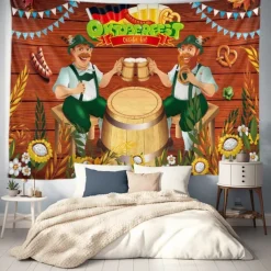 Oktoberfest German Bavarian Hanging Tapestry Pretzel Beer Bratwurst Wall Art Blue White Plaid Large Tapestry Mural Decor Photograph Backdrop Festival