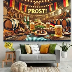 Oktoberfest German Bavarian Hanging Tapestry Pretzel Beer Bratwurst Wall Art Blue White Plaid Large Tapestry Mural Decor Photograph Backdrop Festival