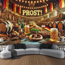 Oktoberfest German Bavarian Hanging Tapestry Pretzel Beer Bratwurst Wall Art Blue White Plaid Large Tapestry Mural Decor Photograph Backdrop Festival