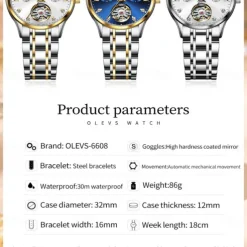 OLEVS 6608 Automatic Mechanical Watch For Women Deep Waterproof Luminous Moon Phase Hand Clock Original Luxury Women's Watches