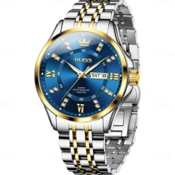 OLEVS 3620 Men Watch Stainless Steel Business Dual Calendar Waterproof Quartz Watch Luxury Brand Diamond Men Watch