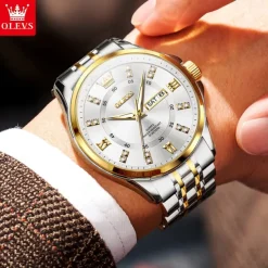 OLEVS 3620 Men Watch Stainless Steel Business Dual Calendar Waterproof Quartz Watch Luxury Brand Diamond Men Watch