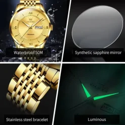 OLEVS 6657 Men's Luxury Brand Automatic Watch Business Calendar 50m Waterproof Mechanical Watch Gold Sapphire Mirror Men's Watch